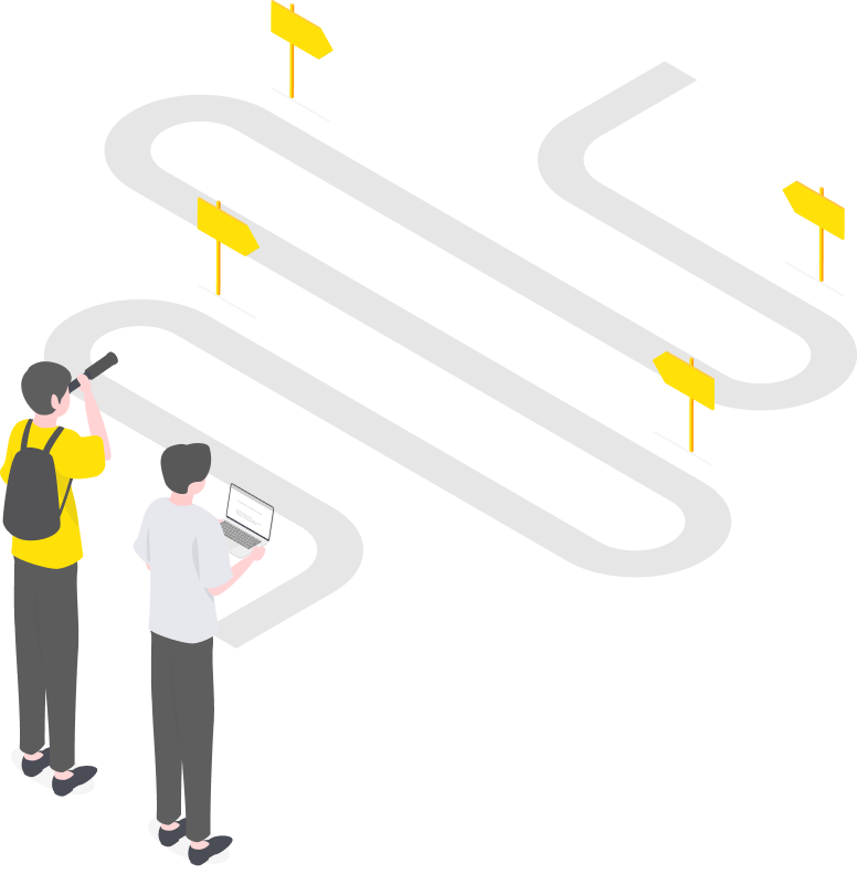 遠くまで続く道のりを眺める2人の男性